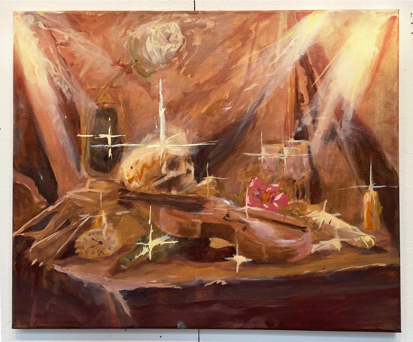 A still life oil painting depicts a violin, skull, rose, and pocket watch on a table. Warm light rays create a dramatic, reflective ambiance.